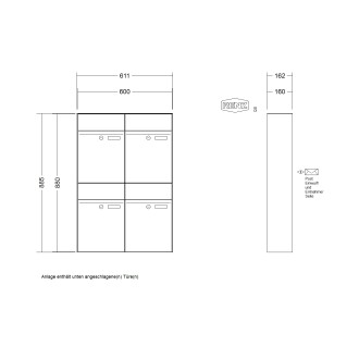 Briefkastenanlage Aufputz Renz Plan 1-6 fach, Sprech - Klingel: ohne Sprech - Klingel, Kastengröße: 300 x 440 x 160mm ( 21 Liter ), Teilnehmer: 4 Teilnehmer, Anlagenfarbe: Edelstahl V4A