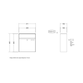 Briefkastenanlage Aufputz Renz Plan 1-6 fach, Sprech - Klingel: ohne Sprech - Klingel, Kastengröße: 400 x 440 x 160mm ( 28 Liter ), Teilnehmer: 1 Teilnehmer, Anlagenfarbe: Edelstahl V4A