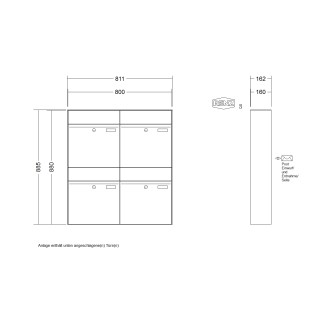 Briefkastenanlage Aufputz Renz Plan 1-6 fach, Sprech - Klingel: ohne Sprech - Klingel, Kastengröße: 400 x 440 x 160mm ( 28 Liter ), Teilnehmer: 4 Teilnehmer, Anlagenfarbe: Standard Farben