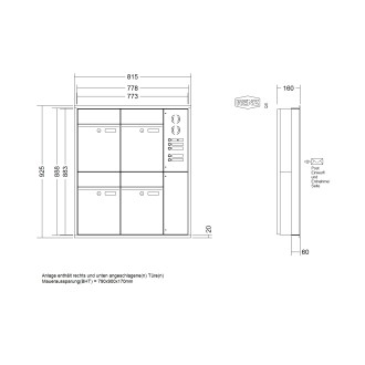 Briefkastenanlage Unterputz Renz Plan 1-6 fach, Sprech - Klingel: mit Sprech Klingel, Kastengröße: 300 x 440 x 160mm ( 21 Liter ), Teilnehmer: 4 Teilnehmer, Anlagenfarbe: Standard Farben