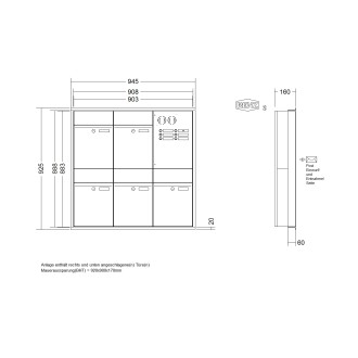 Briefkastenanlage Unterputz Renz Plan 1-6 fach, Sprech - Klingel: mit Sprech Klingel, Kastengröße: 300 x 440 x 160mm ( 21 Liter ), Teilnehmer: 5 Teilnehmer, Anlagenfarbe: Standard Farben