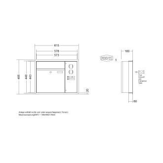 Briefkastenanlage Unterputz Renz Plan 1-6 fach, Sprech - Klingel: mit Sprech Klingel, Kastengröße: 400 x 440 x 160mm ( 28 Liter ), Teilnehmer: 1 Teilnehmer, Anlagenfarbe: Edelstahl V4A