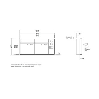 Briefkastenanlage Unterputz Renz Plan 1-6 fach, Sprech - Klingel: mit Sprech Klingel, Kastengröße: 400 x 440 x 160mm ( 28 Liter ), Teilnehmer: 2 Teilnehmer, Anlagenfarbe: Edelstahl V4A