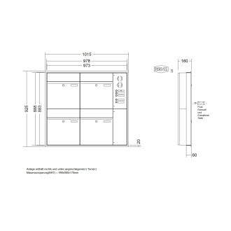 Briefkastenanlage Unterputz Renz Plan 1-6 fach, Sprech - Klingel: mit Sprech Klingel, Kastengröße: 400 x 440 x 160mm ( 28 Liter ), Teilnehmer: 4 Teilnehmer, Anlagenfarbe: Edelstahl V4A