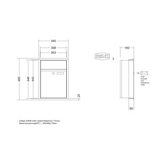 Briefkastenanlage Unterputz Renz Plan 1-6 fach, Sprech - Klingel: ohne Sprech - Klingel, Kastengröße: 300 x 440 x 160mm ( 21 Liter ), Teilnehmer: 1 Teilnehmer, Anlagenfarbe: Standard Farben