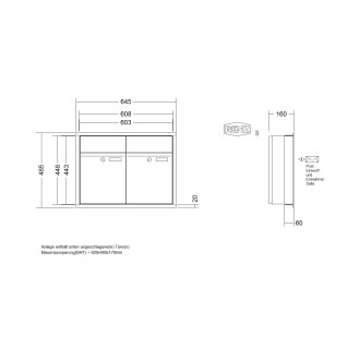 Briefkastenanlage Unterputz Renz Plan 1-6 fach, Sprech - Klingel: ohne Sprech - Klingel, Kastengröße: 300 x 440 x 160mm ( 21 Liter ), Teilnehmer: 2 Teilnehmer, Anlagenfarbe: Edelstahl V4A