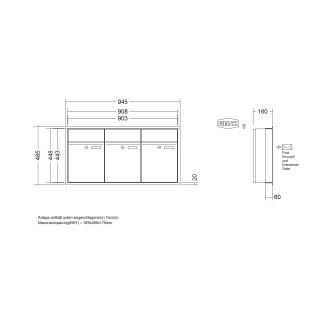 Briefkastenanlage Unterputz Renz Plan 1-6 fach, Sprech - Klingel: ohne Sprech - Klingel, Kastengröße: 300 x 440 x 160mm ( 21 Liter ), Teilnehmer: 3 Teilnehmer, Anlagenfarbe: Edelstahl V4A