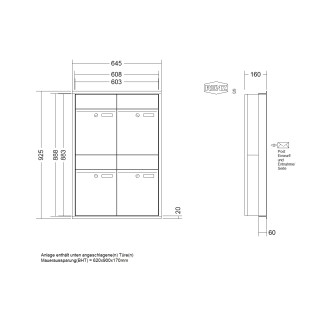 Briefkastenanlage Unterputz Renz Plan 1-6 fach, Sprech - Klingel: ohne Sprech - Klingel, Kastengröße: 300 x 440 x 160mm ( 21 Liter ), Teilnehmer: 4 Teilnehmer, Anlagenfarbe: Standard Farben