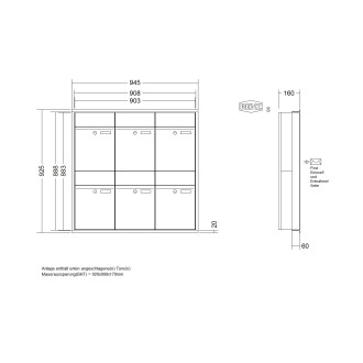 Briefkastenanlage Unterputz Renz Plan 1-6 fach, Sprech - Klingel: ohne Sprech - Klingel, Kastengröße: 300 x 440 x 160mm ( 21 Liter ), Teilnehmer: 6 Teilnehmer, Anlagenfarbe: Standard Farben