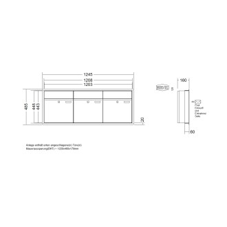 Briefkastenanlage Unterputz Renz Plan 1-6 fach, Sprech - Klingel: ohne Sprech - Klingel, Kastengröße: 400 x 440 x 160mm ( 28 Liter ), Teilnehmer: 3 Teilnehmer, Anlagenfarbe: Standard Farben