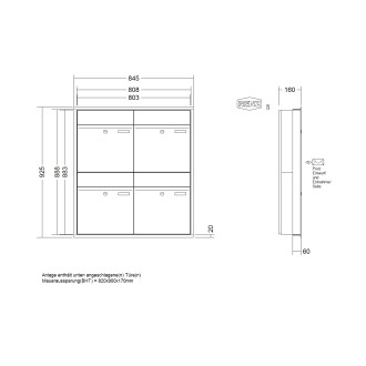 Briefkastenanlage Unterputz Renz Plan 1-6 fach, Sprech - Klingel: ohne Sprech - Klingel, Kastengröße: 400 x 440 x 160mm ( 28 Liter ), Teilnehmer: 4 Teilnehmer, Anlagenfarbe: Edelstahl V4A