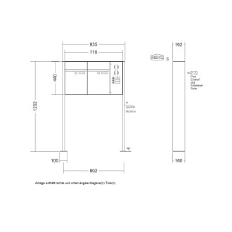 Briefkastenanlage freistehend Renz Plan 1-6 fach, Sprech - Klingel: mit Sprech Klingel, Montageart: zum Aufschrauben, Kastengröße: 300 x 440 x 160mm ( 21 Liter ), Teilnehmer: 2 Teilnehmer, Anlagenfarbe: Standard Farben