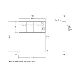Briefkastenanlage freistehend Renz Plan 1-6 fach, Sprech - Klingel: mit Sprech Klingel, Montageart: zum Aufschrauben, Kastengröße: 300 x 440 x 160mm ( 21 Liter ), Teilnehmer: 3 Teilnehmer, Anlagenfarbe: Standard Farben