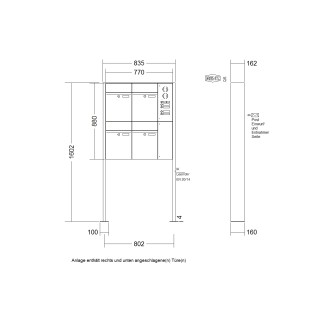 Briefkastenanlage freistehend Renz Plan 1-6 fach, Sprech - Klingel: mit Sprech Klingel, Montageart: zum Aufschrauben, Kastengröße: 300 x 440 x 160mm ( 21 Liter ), Teilnehmer: 4 Teilnehmer, Anlagenfarbe: Standard Farben