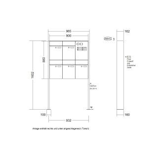 Briefkastenanlage freistehend Renz Plan 1-6 fach, Sprech - Klingel: mit Sprech Klingel, Montageart: zum Aufschrauben, Kastengröße: 300 x 440 x 160mm ( 21 Liter ), Teilnehmer: 5 Teilnehmer, Anlagenfarbe: Standard Farben
