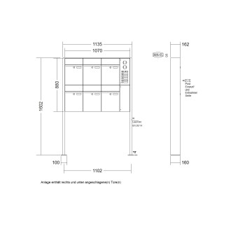 Briefkastenanlage freistehend Renz Plan 1-6 fach, Sprech - Klingel: mit Sprech Klingel, Montageart: zum Aufschrauben, Kastengröße: 300 x 440 x 160mm ( 21 Liter ), Teilnehmer: 6 Teilnehmer, Anlagenfarbe: Edelstahl V4A