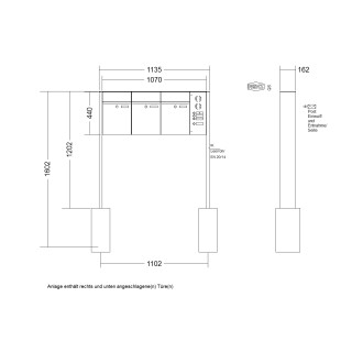 Briefkastenanlage freistehend Renz Plan 1-6 fach, Sprech - Klingel: mit Sprech Klingel, Montageart: zum Einbetonieren, Kastengröße: 300 x 440 x 160mm ( 21 Liter ), Teilnehmer: 3 Teilnehmer, Anlagenfarbe: Standard Farben