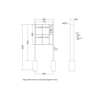 Briefkastenanlage freistehend Renz Plan 1-6 fach, Sprech - Klingel: mit Sprech Klingel, Montageart: zum Einbetonieren, Kastengröße: 300 x 440 x 160mm ( 21 Liter ), Teilnehmer: 4 Teilnehmer, Anlagenfarbe: Edelstahl V4A
