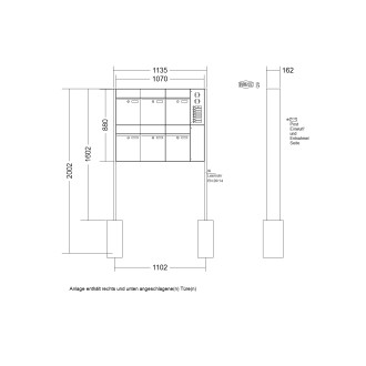 Briefkastenanlage freistehend Renz Plan 1-6 fach, Sprech - Klingel: mit Sprech Klingel, Montageart: zum Einbetonieren, Kastengröße: 300 x 440 x 160mm ( 21 Liter ), Teilnehmer: 6 Teilnehmer, Anlagenfarbe: Edelstahl V4A