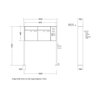 Briefkastenanlage freistehend Renz Plan 1-6 fach, Sprech - Klingel: mit Sprech Klingel, Montageart: zum Aufschrauben, Kastengröße: 400 x 440 x 160mm ( 28 Liter ), Teilnehmer: 2 Teilnehmer, Anlagenfarbe: Standard Farben