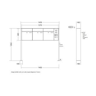 Briefkastenanlage freistehend Renz Plan 1-6 fach, Sprech - Klingel: mit Sprech Klingel, Montageart: zum Aufschrauben, Kastengröße: 400 x 440 x 160mm ( 28 Liter ), Teilnehmer: 3 Teilnehmer, Anlagenfarbe: Edelstahl V4A