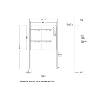 Briefkastenanlage freistehend Renz Plan 1-6 fach, Sprech - Klingel: mit Sprech Klingel, Montageart: zum Aufschrauben, Kastengröße: 400 x 440 x 160mm ( 28 Liter ), Teilnehmer: 4 Teilnehmer, Anlagenfarbe: Standard Farben