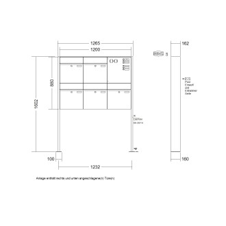 Briefkastenanlage freistehend Renz Plan 1-6 fach, Sprech - Klingel: mit Sprech Klingel, Montageart: zum Aufschrauben, Kastengröße: 400 x 440 x 160mm ( 28 Liter ), Teilnehmer: 5 Teilnehmer, Anlagenfarbe: Standard Farben