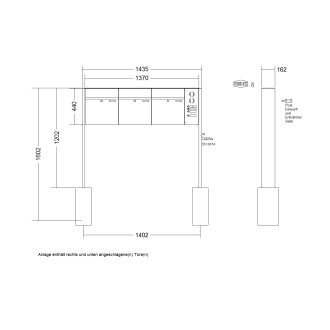 Briefkastenanlage freistehend Renz Plan 1-6 fach, Sprech - Klingel: mit Sprech Klingel, Montageart: zum Einbetonieren, Kastengröße: 400 x 440 x 160mm ( 28 Liter ), Teilnehmer: 3 Teilnehmer, Anlagenfarbe: Edelstahl V4A