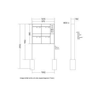 Briefkastenanlage freistehend Renz Plan 1-6 fach, Sprech - Klingel: mit Sprech Klingel, Montageart: zum Einbetonieren, Kastengröße: 400 x 440 x 160mm ( 28 Liter ), Teilnehmer: 4 Teilnehmer, Anlagenfarbe: Edelstahl V4A