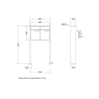 Briefkastenanlage freistehend Renz Plan 1-6 fach, Sprech - Klingel: ohne Sprech - Klingel, Montageart: zum Aufschrauben, Kastengröße: 300 x 440 x 160mm ( 21 Liter ), Teilnehmer: 2 Teilnehmer, Anlagenfarbe: Edelstahl V4A