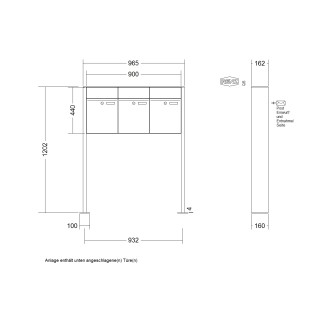 Briefkastenanlage freistehend Renz Plan 1-6 fach, Sprech - Klingel: ohne Sprech - Klingel, Montageart: zum Aufschrauben, Kastengröße: 300 x 440 x 160mm ( 21 Liter ), Teilnehmer: 3 Teilnehmer, Anlagenfarbe: Edelstahl V4A