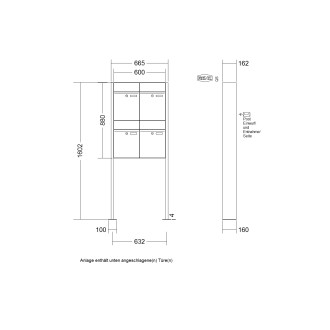 Briefkastenanlage freistehend Renz Plan 1-6 fach, Sprech - Klingel: ohne Sprech - Klingel, Montageart: zum Aufschrauben, Kastengröße: 300 x 440 x 160mm ( 21 Liter ), Teilnehmer: 4 Teilnehmer, Anlagenfarbe: Standard Farben