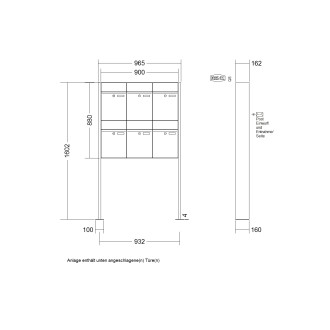 Briefkastenanlage freistehend Renz Plan 1-6 fach, Sprech - Klingel: ohne Sprech - Klingel, Montageart: zum Aufschrauben, Kastengröße: 300 x 440 x 160mm ( 21 Liter ), Teilnehmer: 6 Teilnehmer, Anlagenfarbe: Standard Farben