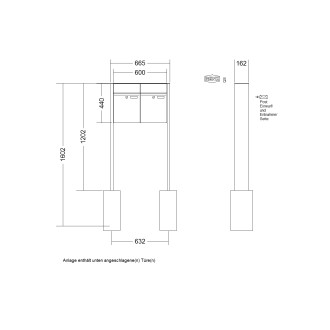 Briefkastenanlage freistehend Renz Plan 1-6 fach, Sprech - Klingel: ohne Sprech - Klingel, Montageart: zum Einbetonieren, Kastengröße: 300 x 440 x 160mm ( 21 Liter ), Teilnehmer: 2 Teilnehmer, Anlagenfarbe: Standard Farben