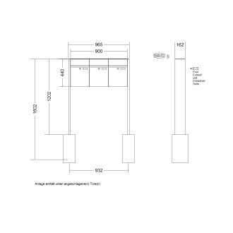 Briefkastenanlage freistehend Renz Plan 1-6 fach, Sprech - Klingel: ohne Sprech - Klingel, Montageart: zum Einbetonieren, Kastengröße: 300 x 440 x 160mm ( 21 Liter ), Teilnehmer: 3 Teilnehmer, Anlagenfarbe: Standard Farben