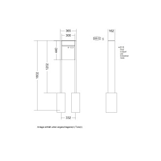 Briefkastenanlage freistehend Renz Plan 1-6 fach, Sprech - Klingel: ohne Sprech - Klingel, Montageart: zum Einbetonieren, Kastengröße: 300 x 440 x 160mm ( 21 Liter ), Teilnehmer: 1 Teilnehmer, Anlagenfarbe: Edelstahl V4A