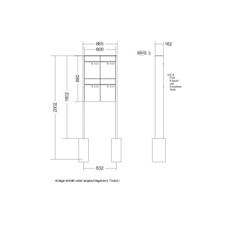 Briefkastenanlage freistehend Renz Plan 1-6 fach, Sprech - Klingel: ohne Sprech - Klingel, Montageart: zum Einbetonieren, Kastengröße: 300 x 440 x 160mm ( 21 Liter ), Teilnehmer: 4 Teilnehmer, Anlagenfarbe: Standard Farben