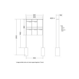 Briefkastenanlage freistehend Renz Plan 1-6 fach, Sprech - Klingel: ohne Sprech - Klingel, Montageart: zum Einbetonieren, Kastengröße: 300 x 440 x 160mm ( 21 Liter ), Teilnehmer: 5 Teilnehmer, Anlagenfarbe: Standard Farben