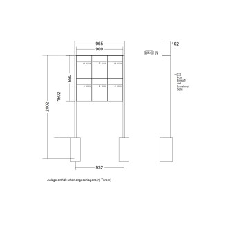 Briefkastenanlage freistehend Renz Plan 1-6 fach, Sprech - Klingel: ohne Sprech - Klingel, Montageart: zum Einbetonieren, Kastengröße: 300 x 440 x 160mm ( 21 Liter ), Teilnehmer: 6 Teilnehmer, Anlagenfarbe: Edelstahl V4A