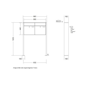 Briefkastenanlage freistehend Renz Plan 1-6 fach, Sprech - Klingel: ohne Sprech - Klingel, Montageart: zum Aufschrauben, Kastengröße: 400 x 440 x 160mm ( 28 Liter ), Teilnehmer: 2 Teilnehmer, Anlagenfarbe: Standard Farben