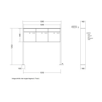 Briefkastenanlage freistehend Renz Plan 1-6 fach, Sprech - Klingel: ohne Sprech - Klingel, Montageart: zum Aufschrauben, Kastengröße: 400 x 440 x 160mm ( 28 Liter ), Teilnehmer: 3 Teilnehmer, Anlagenfarbe: Standard Farben
