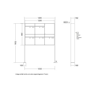 Briefkastenanlage freistehend Renz Plan 1-6 fach, Sprech - Klingel: ohne Sprech - Klingel, Montageart: zum Aufschrauben, Kastengröße: 400 x 440 x 160mm ( 28 Liter ), Teilnehmer: 5 Teilnehmer, Anlagenfarbe: Standard Farben