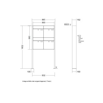 Briefkastenanlage freistehend Renz Plan 1-6 fach, Sprech - Klingel: ohne Sprech - Klingel, Montageart: zum Aufschrauben, Kastengröße: 400 x 440 x 160mm ( 28 Liter ), Teilnehmer: 4 Teilnehmer, Anlagenfarbe: Edelstahl V4A