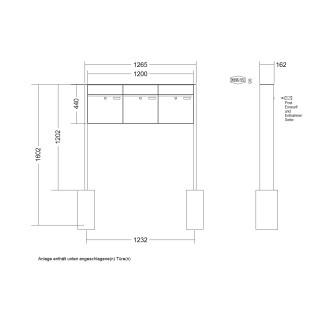 Briefkastenanlage freistehend Renz Plan 1-6 fach, Sprech - Klingel: ohne Sprech - Klingel, Montageart: zum Einbetonieren, Kastengröße: 400 x 440 x 160mm ( 28 Liter ), Teilnehmer: 3 Teilnehmer, Anlagenfarbe: Edelstahl V4A