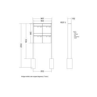 Briefkastenanlage freistehend Renz Plan 1-6 fach, Sprech - Klingel: ohne Sprech - Klingel, Montageart: zum Einbetonieren, Kastengröße: 400 x 440 x 160mm ( 28 Liter ), Teilnehmer: 4 Teilnehmer, Anlagenfarbe: Edelstahl V4A
