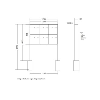 Briefkastenanlage freistehend Renz Plan 1-6 fach, Sprech - Klingel: ohne Sprech - Klingel, Montageart: zum Einbetonieren, Kastengröße: 400 x 440 x 160mm ( 28 Liter ), Teilnehmer: 6 Teilnehmer, Anlagenfarbe: Edelstahl V4A