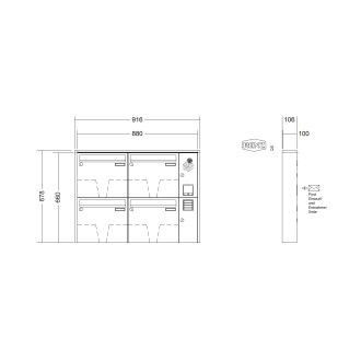 Briefkastenanlage Aufputz Renz Quadra 1-6 fach, Sprech - Klingel: mit Sprech Klingel, Kastengröße: 370 x 330 x 100mm ( 12 Liter ), Teilnehmer: 4 Teilnehmer, Anlagenfarbe: Standard Farben