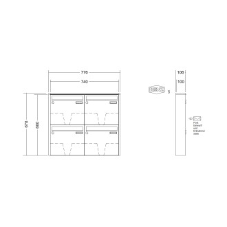 Briefkastenanlage Aufputz Renz Quadra 1-6 fach, Sprech - Klingel: ohne Sprech - Klingel, Kastengröße: 370 x 330 x 100mm ( 12 Liter ), Teilnehmer: 4 Teilnehmer, Anlagenfarbe: Standard Farben