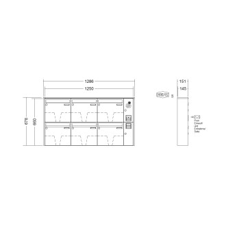 Briefkastenanlage Aufputz Renz Quadra 1-6 fach, Sprech - Klingel: mit Sprech Klingel, Kastengröße: 370 x 330 x 145mm ( 17 Liter ), Teilnehmer: 6 Teilnehmer, Anlagenfarbe: Standard Farben
