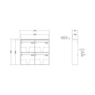 Briefkastenanlage Aufputz Renz Quadra 1-6 fach, Sprech - Klingel: ohne Sprech - Klingel, Kastengröße: 370 x 330 x 145mm ( 17 Liter ), Teilnehmer: 4 Teilnehmer, Anlagenfarbe: Standard Farben